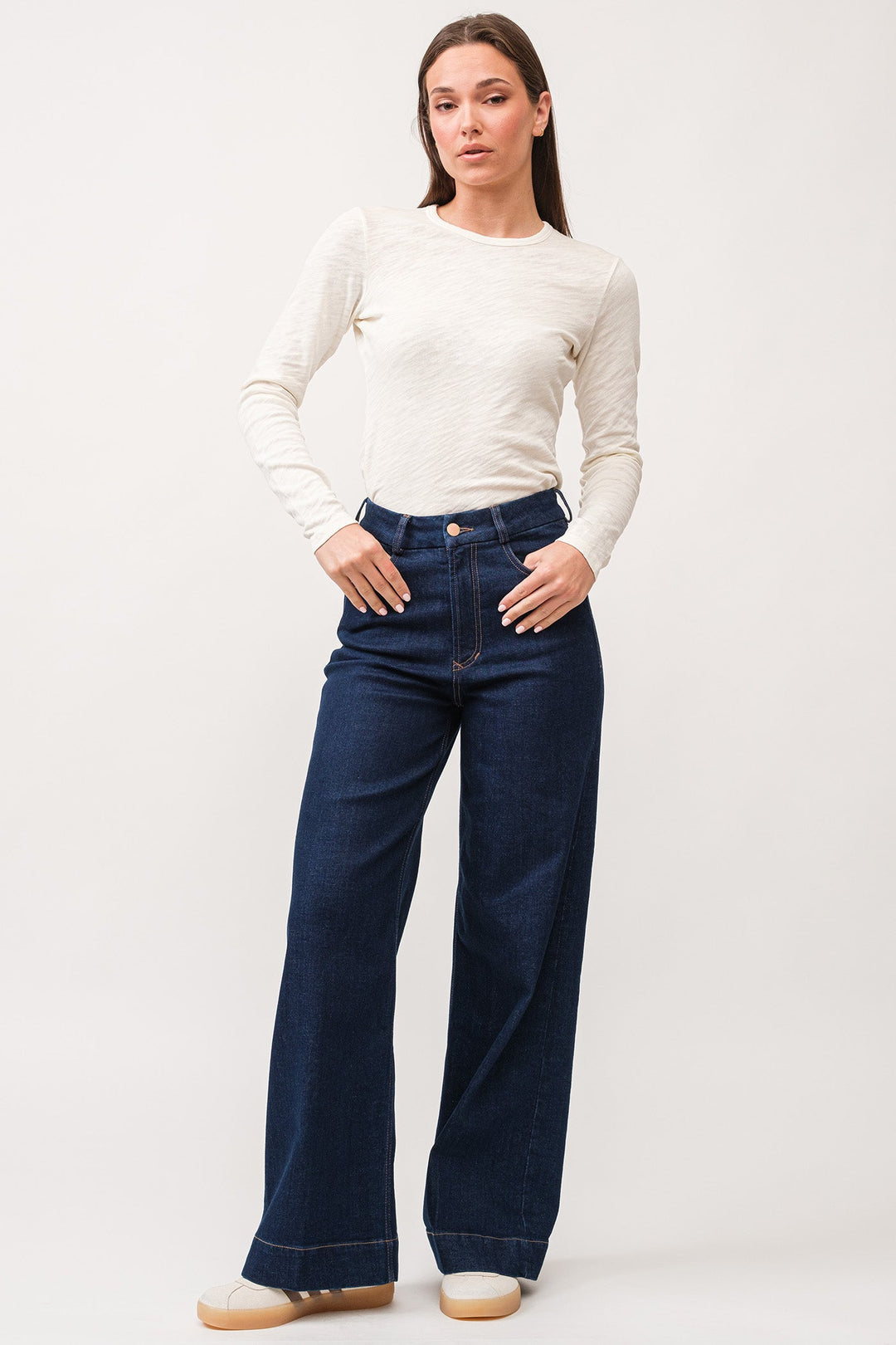 image of a female model wearing a AUDREY HIGH RISE WIDE CLEAN HEM JEANS BLUEWATER DEAR JOHN DENIM 