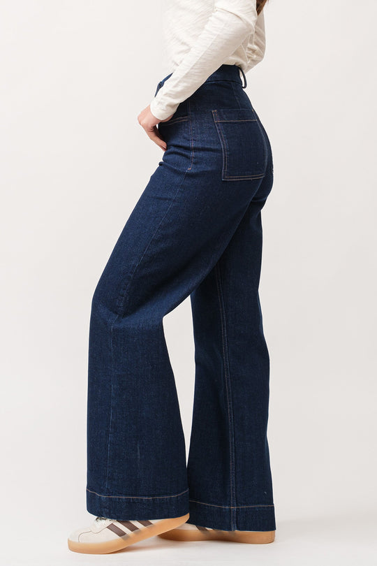 image of a female model wearing a AUDREY HIGH RISE WIDE CLEAN HEM JEANS BLUEWATER DEAR JOHN DENIM 