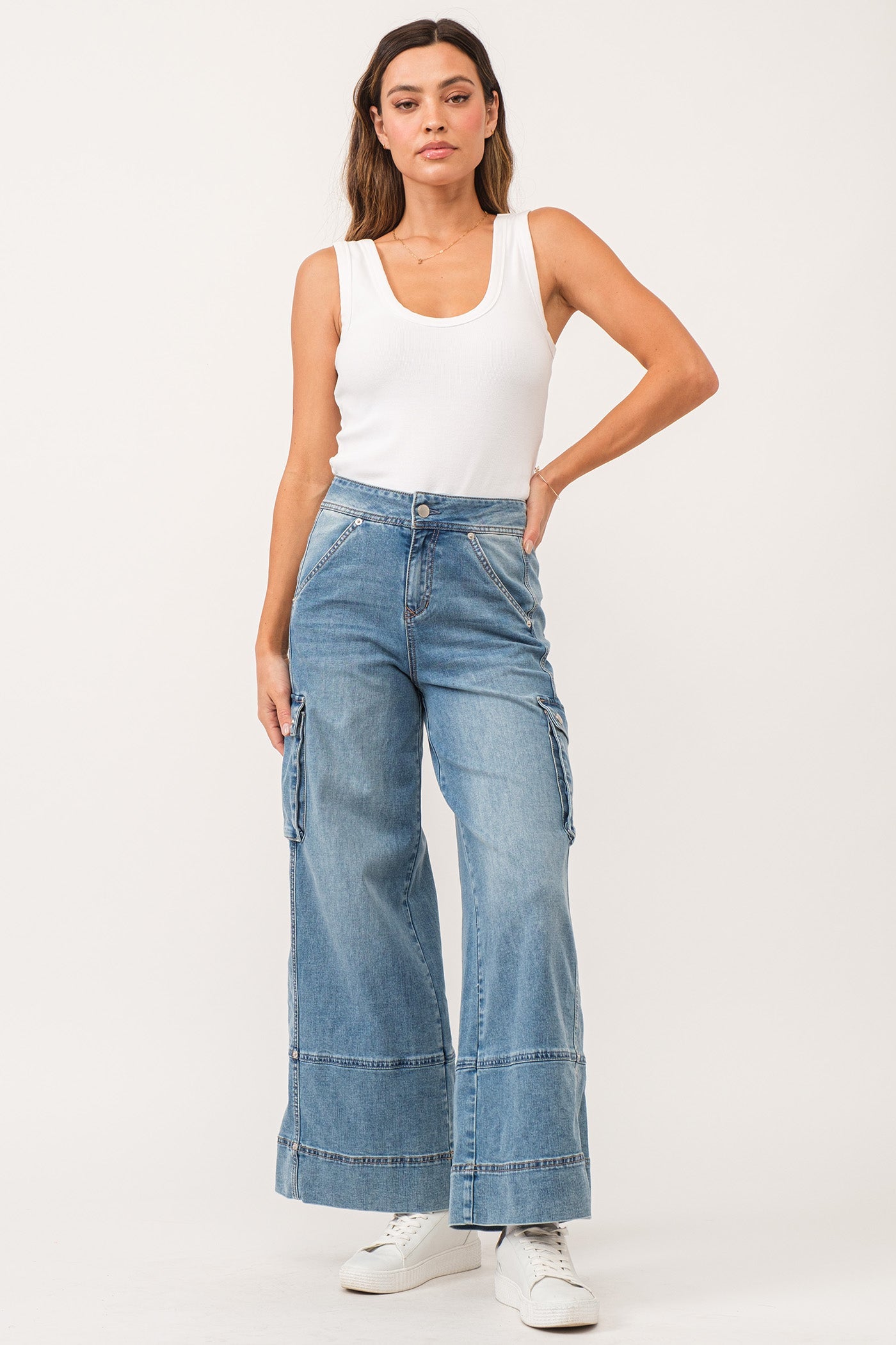 image of a female model wearing a MARVEY SUPER HIGH RISE ANKLE WIDE LEG COLOR PANTS WINETOP CHAMBRAY DEAR JOHN DENIM 