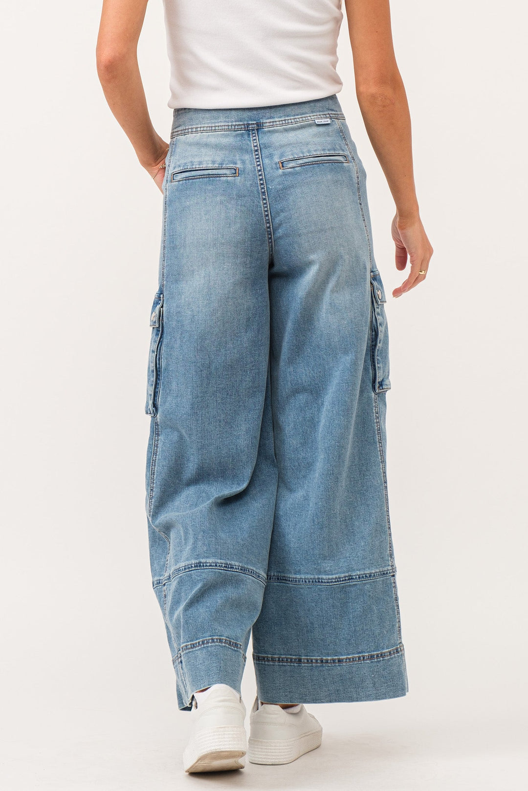 image of a female model wearing a MARVEY SUPER HIGH RISE ANKLE WIDE LEG COLOR PANTS WINETOP CHAMBRAY DEAR JOHN DENIM 