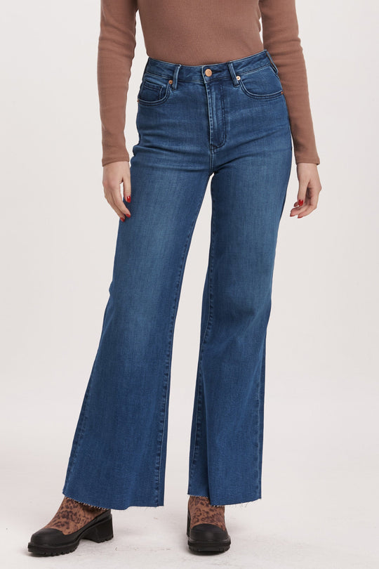 image of a female model wearing a FIONA HIGH RISE WIDE LEG JEANS VIOLET BLUE DEAR JOHN DENIM 