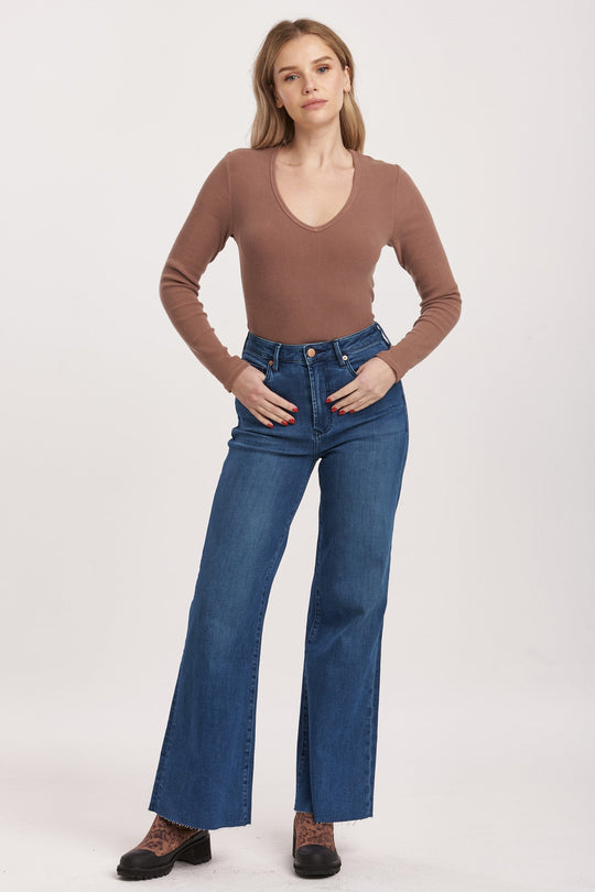 image of a female model wearing a FIONA HIGH RISE WIDE LEG JEANS VIOLET BLUE DEAR JOHN DENIM 