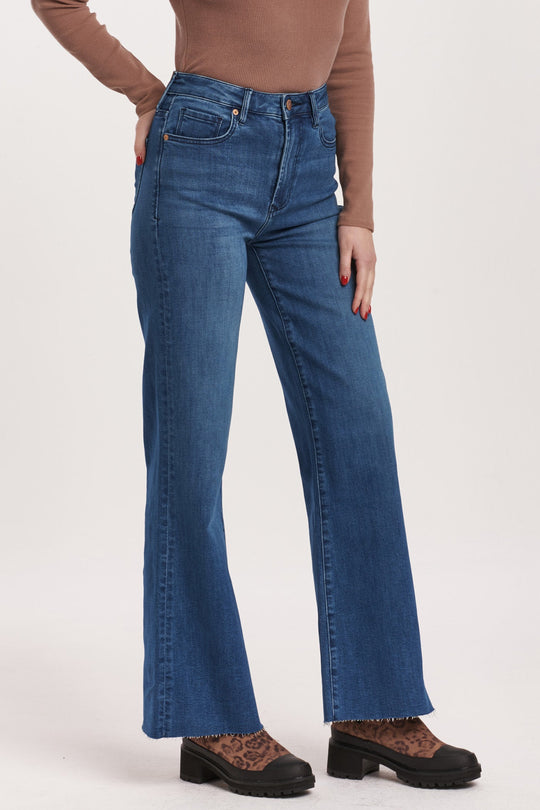 image of a female model wearing a FIONA HIGH RISE WIDE LEG JEANS VIOLET BLUE DEAR JOHN DENIM 