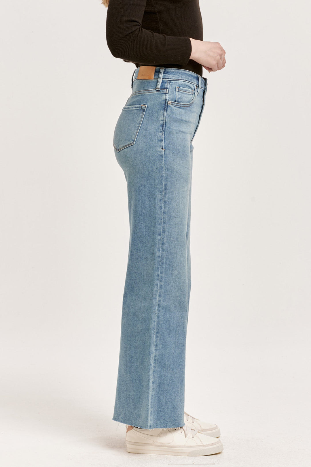 image of a female model wearing a FIONA HIGH RISE WIDE LEG JEANS ARCTIC DENIM DEAR JOHN DENIM 