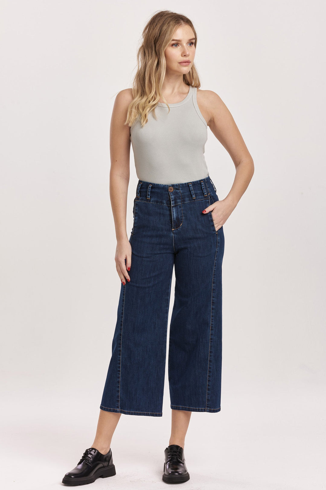 image of a female model wearing a AUDREY SUPER HIGH RISE CROPPED WIDE LEG JEANS BRECKENRIDGE DEAR JOHN DENIM 