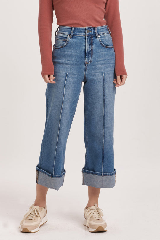 image of a female model wearing a AUDREY SUPER HIGH RISE CROPPED WIDE LEG JEANS SHALLOU DEAR JOHN DENIM 