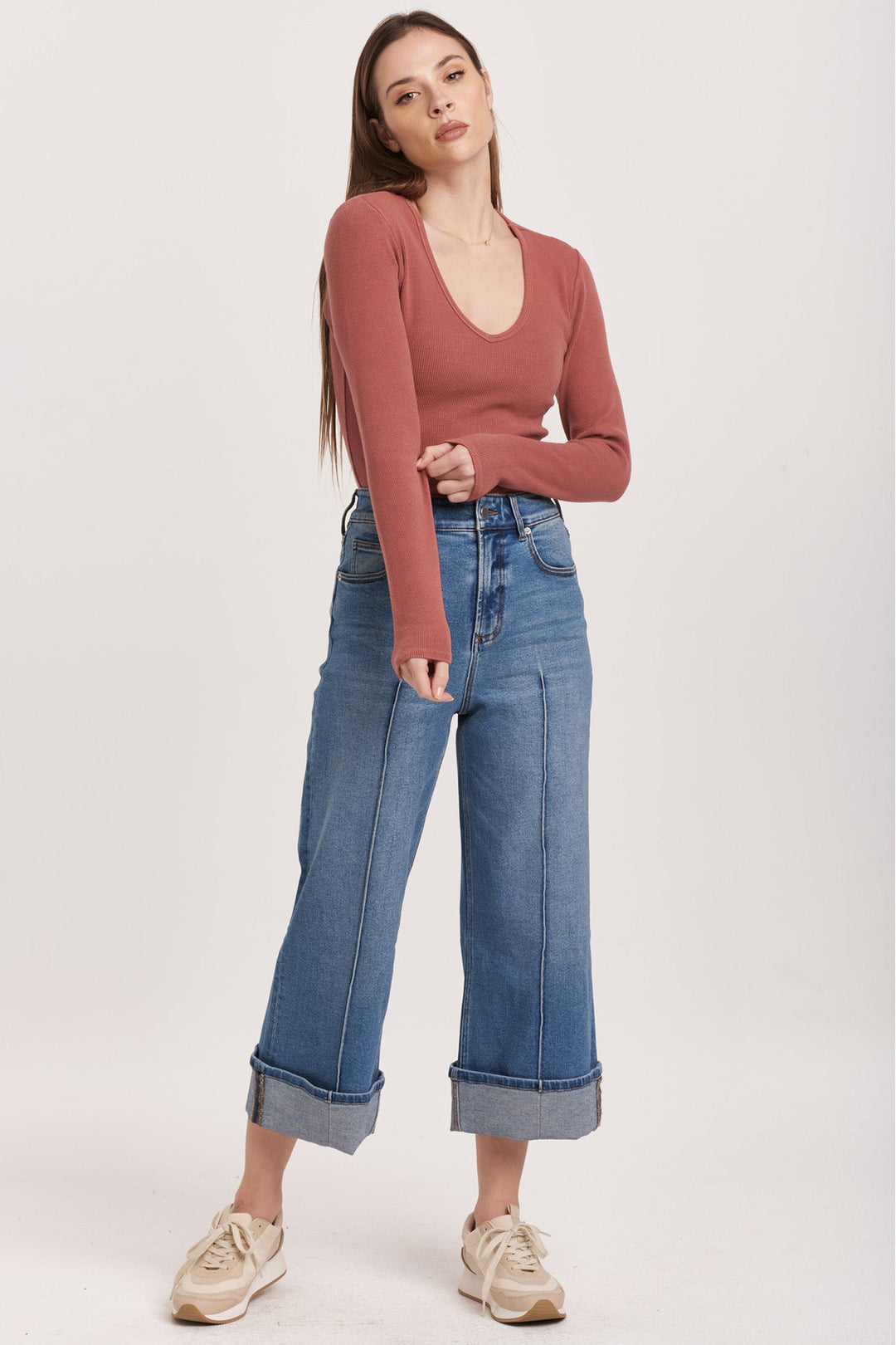 image of a female model wearing a AUDREY SUPER HIGH RISE CROPPED WIDE LEG JEANS SHALLOU DEAR JOHN DENIM 