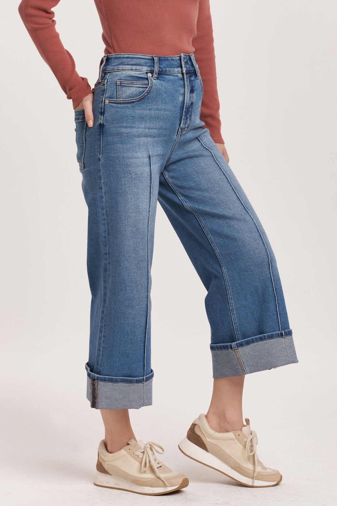 image of a female model wearing a AUDREY SUPER HIGH RISE CROPPED WIDE LEG JEANS SHALLOU DEAR JOHN DENIM 