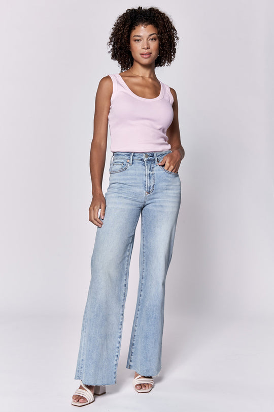 image of a female model wearing a FIONA HIGH RISE FULL INSEAM CUT OFF HEM JEANS MONTILLA DEAR JOHN DENIM 