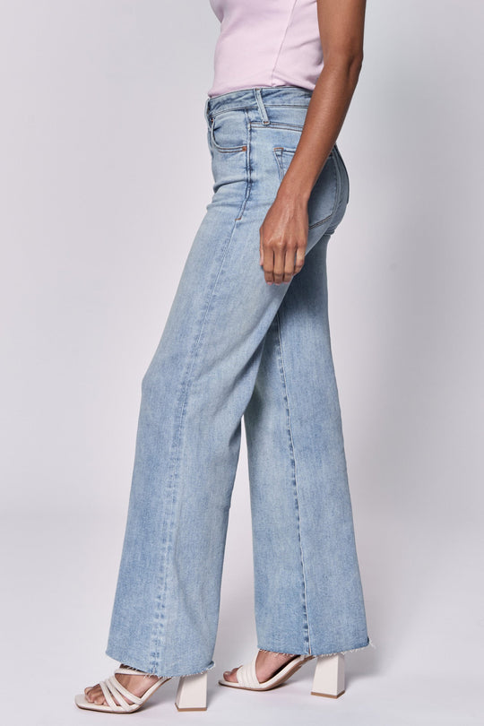 image of a female model wearing a FIONA HIGH RISE FULL INSEAM CUT OFF HEM JEANS MONTILLA DEAR JOHN DENIM 