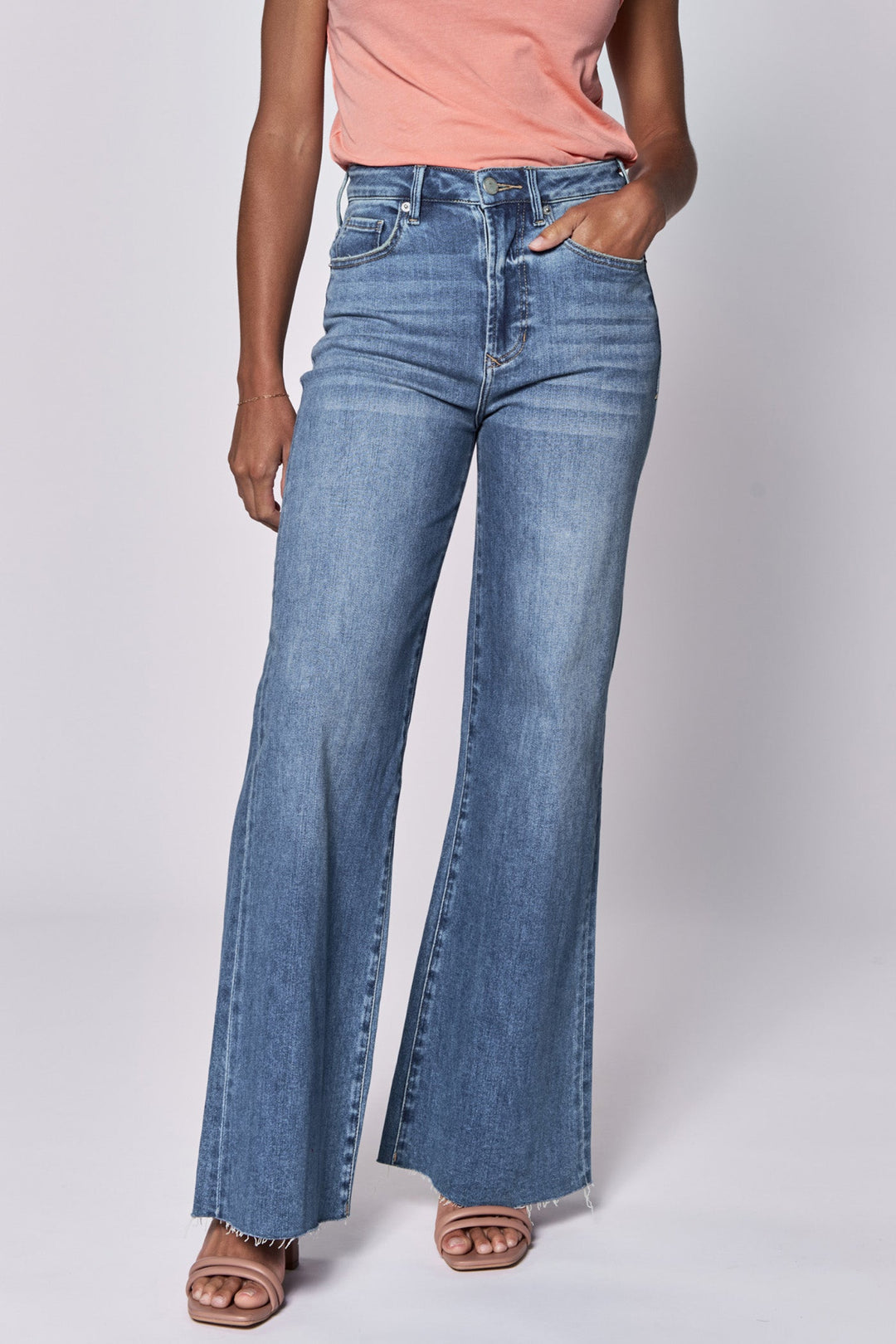 image of a female model wearing a FIONA HIGH RISE FULL INSEAM CUT OFF HEM JEANS NATAL DEAR JOHN DENIM 