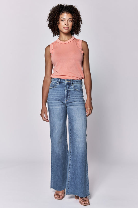 image of a female model wearing a FIONA HIGH RISE FULL INSEAM CUT OFF HEM JEANS NATAL DEAR JOHN DENIM 