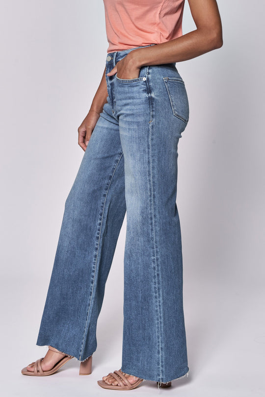 image of a female model wearing a FIONA HIGH RISE FULL INSEAM CUT OFF HEM JEANS NATAL DEAR JOHN DENIM 