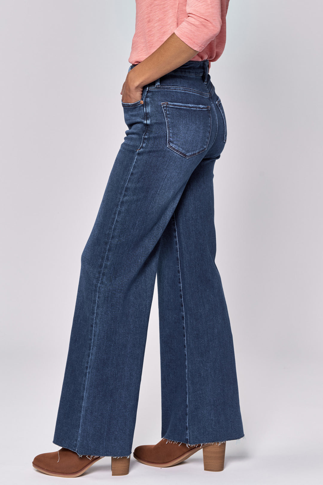 image of a female model wearing a FIONA HIGH RISE FULL INSEAM CUT OFF HEM JEANS STAR DEMAND DEAR JOHN DENIM 