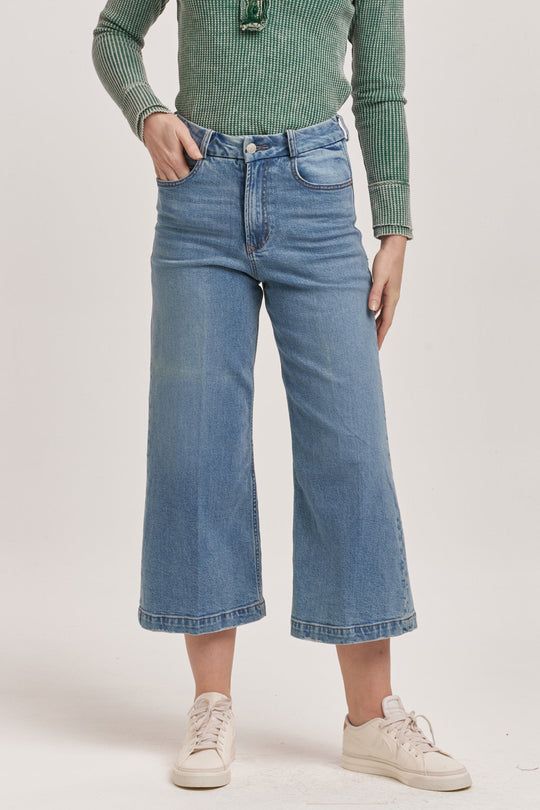 image of a female model wearing a AUDREY SUPER HIGH RISE CROPPED WIDE LEG JEANS HALEYVILLE DEAR JOHN DENIM 