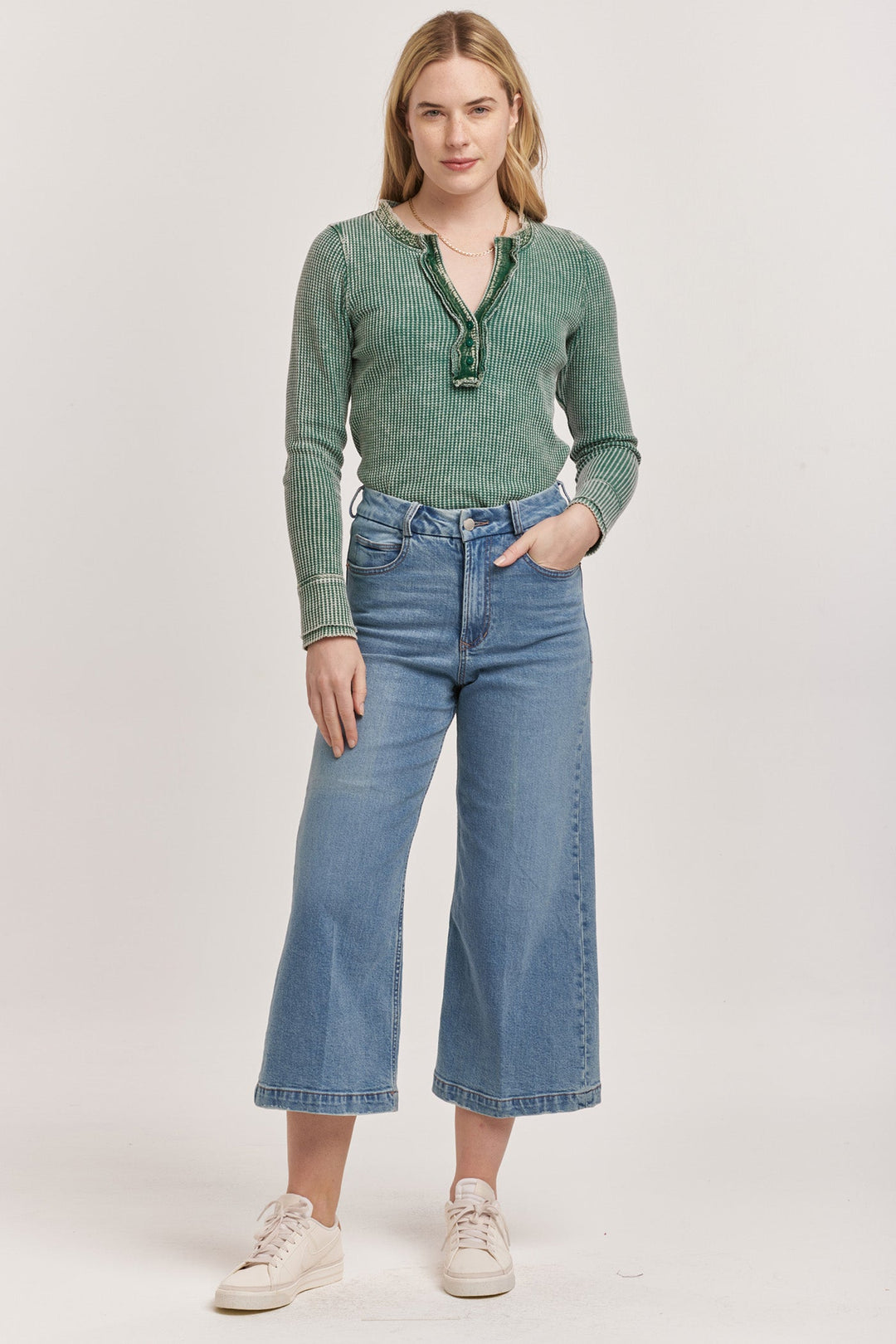 image of a female model wearing a AUDREY SUPER HIGH RISE CROPPED WIDE LEG JEANS HALEYVILLE DEAR JOHN DENIM 