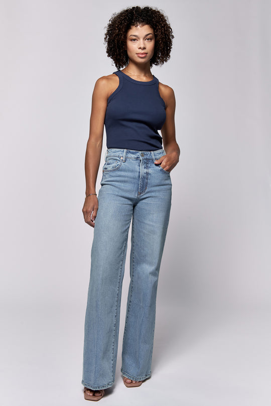 image of a female model wearing a FIONA MID RISE FULL INSEAM CLEAN HEM JEANS VINTAGE FLOW DEAR JOHN DENIM 