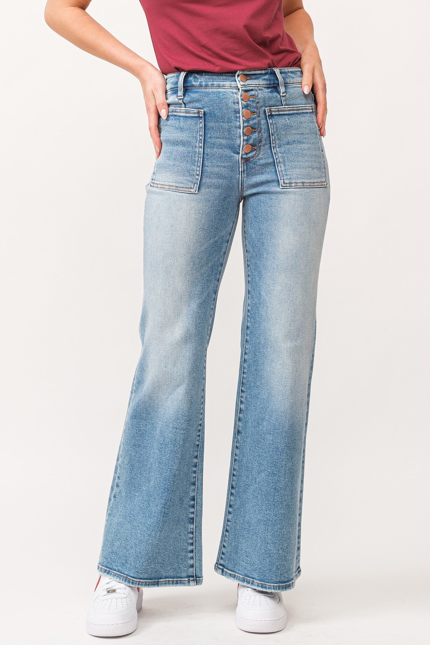 image of a female model wearing a FIONA HIGH RISE CLEAN HEM WIDE LEG JEANS ARDMORE DEAR JOHN DENIM 