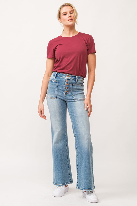 image of a female model wearing a FIONA HIGH RISE CLEAN HEM WIDE LEG JEANS ARDMORE DEAR JOHN DENIM 