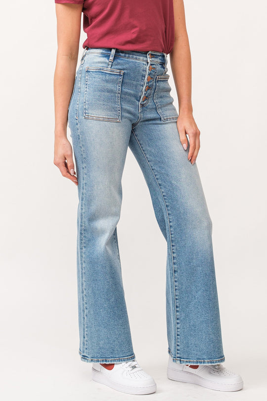 image of a female model wearing a FIONA HIGH RISE CLEAN HEM WIDE LEG JEANS ARDMORE DEAR JOHN DENIM 