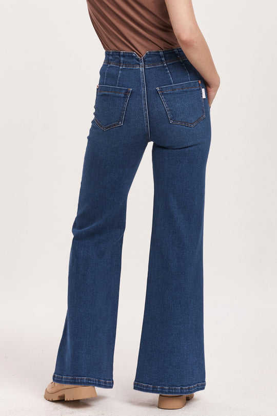 image of a female model wearing a FIONA HIGH RISE WIDE LEG JEANS SEASCAPE DEAR JOHN DENIM 