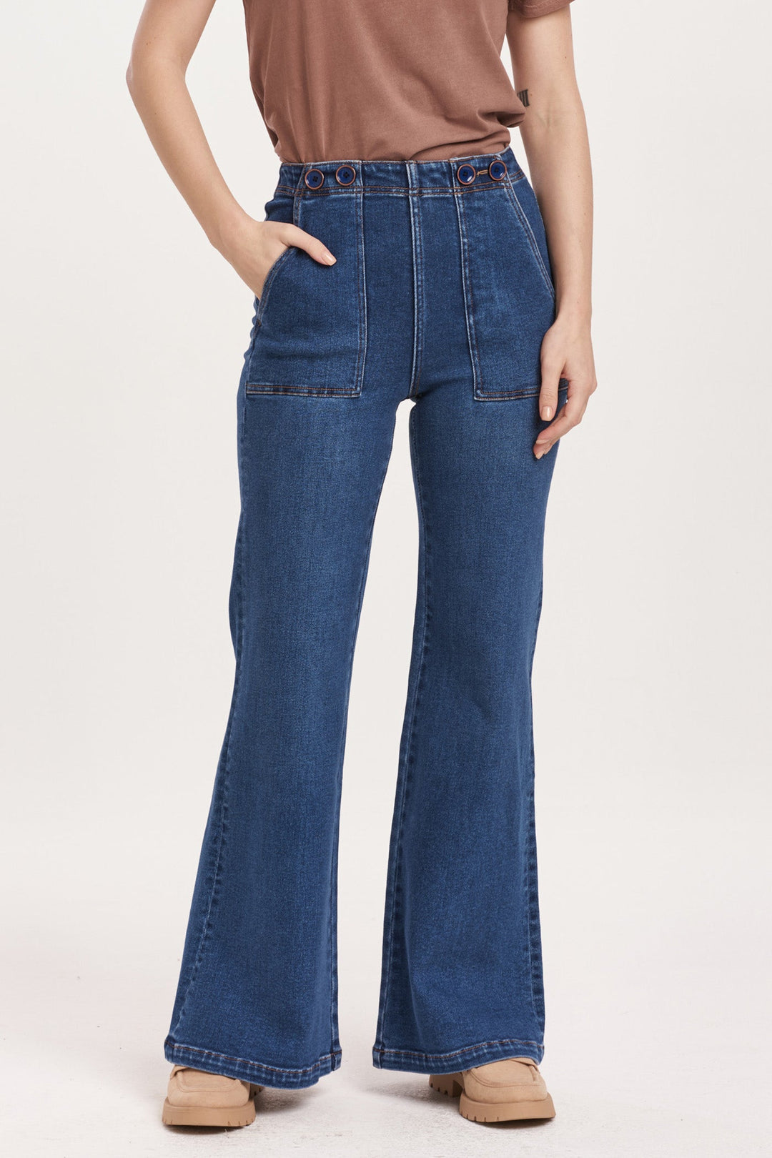 image of a female model wearing a FIONA HIGH RISE WIDE LEG JEANS SEASCAPE DEAR JOHN DENIM 