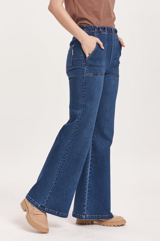 image of a female model wearing a FIONA HIGH RISE WIDE LEG JEANS SEASCAPE DEAR JOHN DENIM 