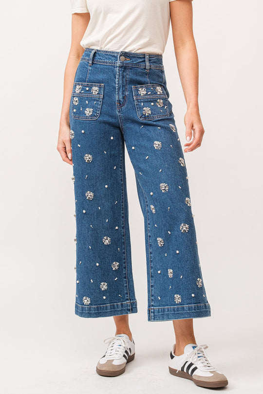 image of a female model wearing a AUDREY HIGH RISE EMBELLISHED CROPPED WIDE LEG JEANS DEAR JOHN DENIM 