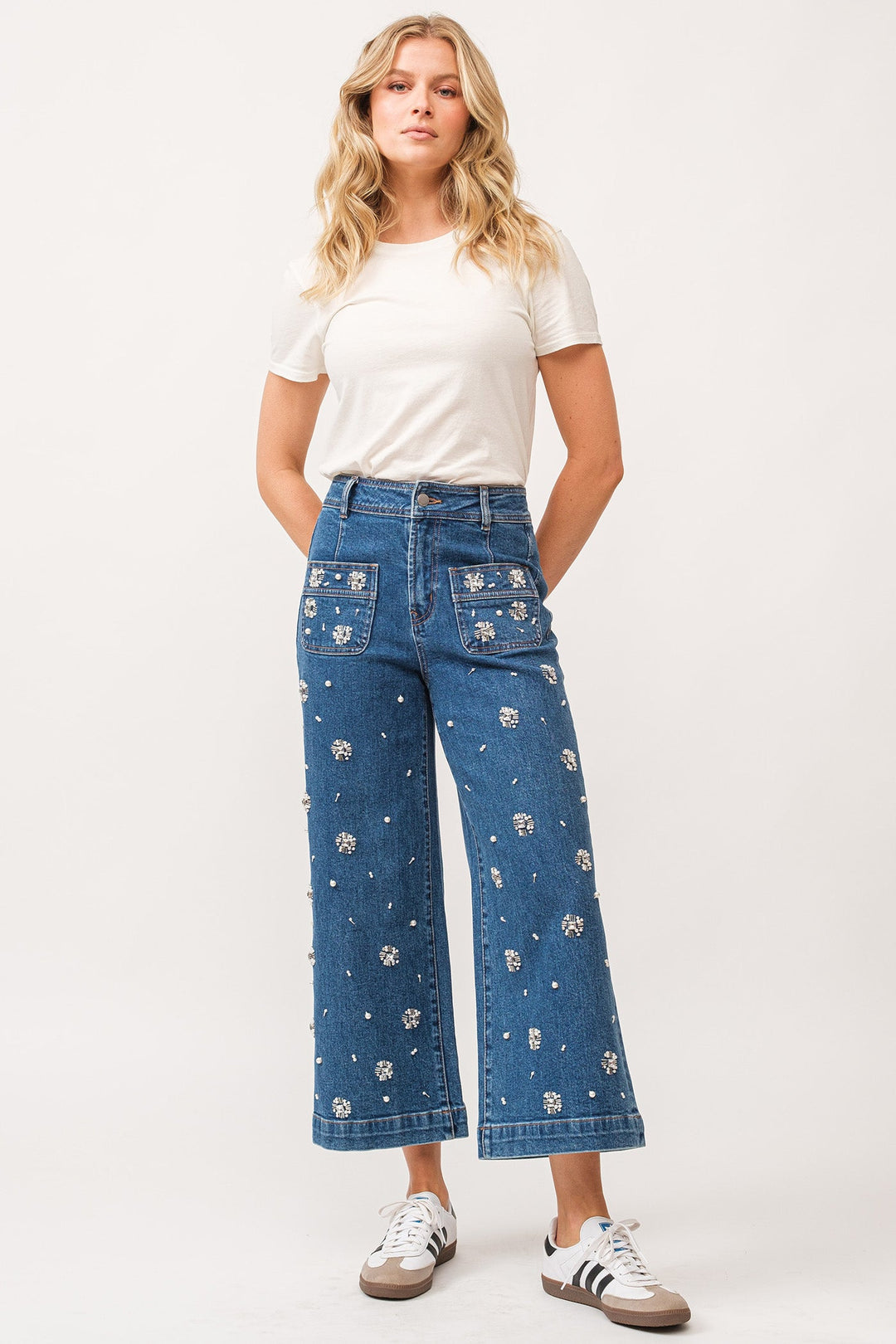 image of a female model wearing a AUDREY HIGH RISE EMBELLISHED CROPPED WIDE LEG JEANS DEAR JOHN DENIM 