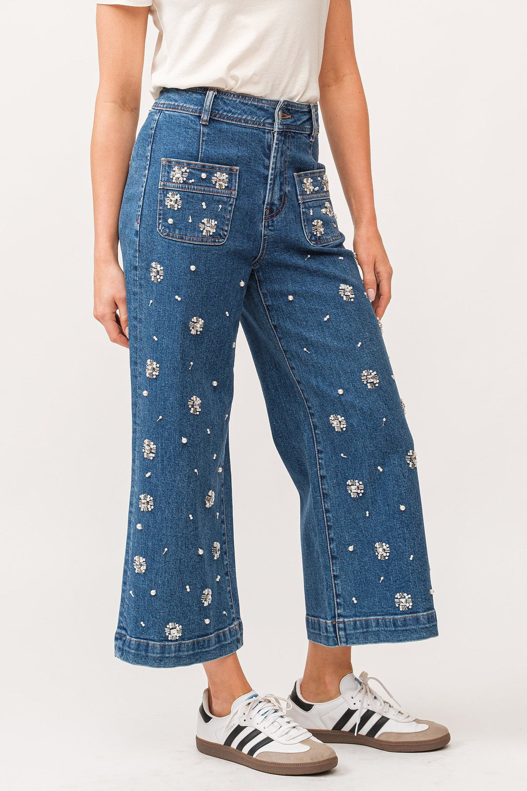 image of a female model wearing a AUDREY HIGH RISE EMBELLISHED CROPPED WIDE LEG JEANS DEAR JOHN DENIM 