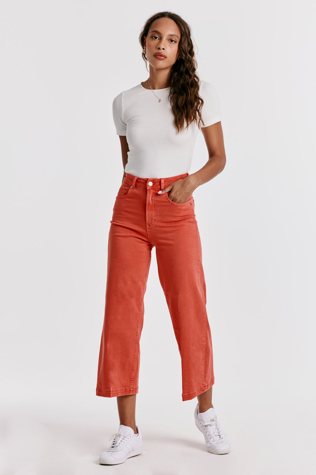 image of a female model wearing a AUDREY SUPER HIGH RISE CROPPED WIDE LEG COLOR JEANS RADIENT RED DEAR JOHN DENIM 