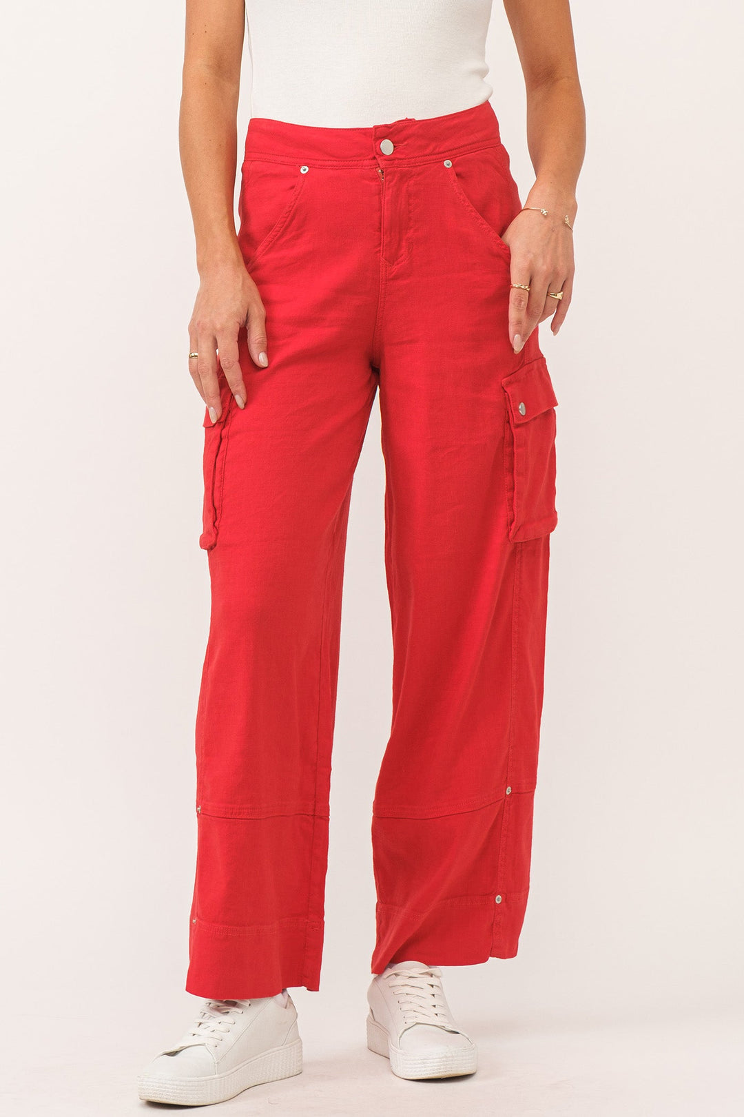 image of a female model wearing a MARVEY SUPER HIGH RISE ANKLE WIDE LEG COLOR PANTS FIRETRUCK RED LINEN DEAR JOHN DENIM 