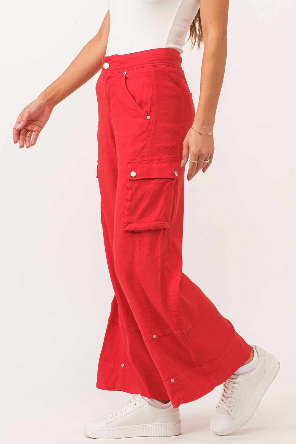 image of a female model wearing a MARVEY SUPER HIGH RISE ANKLE WIDE LEG COLOR PANTS FIRETRUCK RED LINEN DEAR JOHN DENIM 