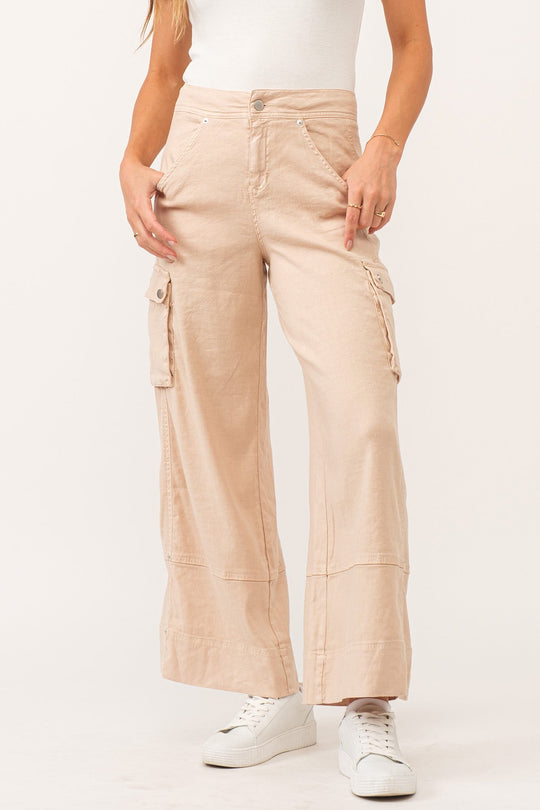 image of a female model wearing a MARVEY SUPER HIGH RISE ANKLE WIDE LEG COLOR PANTS PEACH FLASH LINEN DEAR JOHN DENIM 