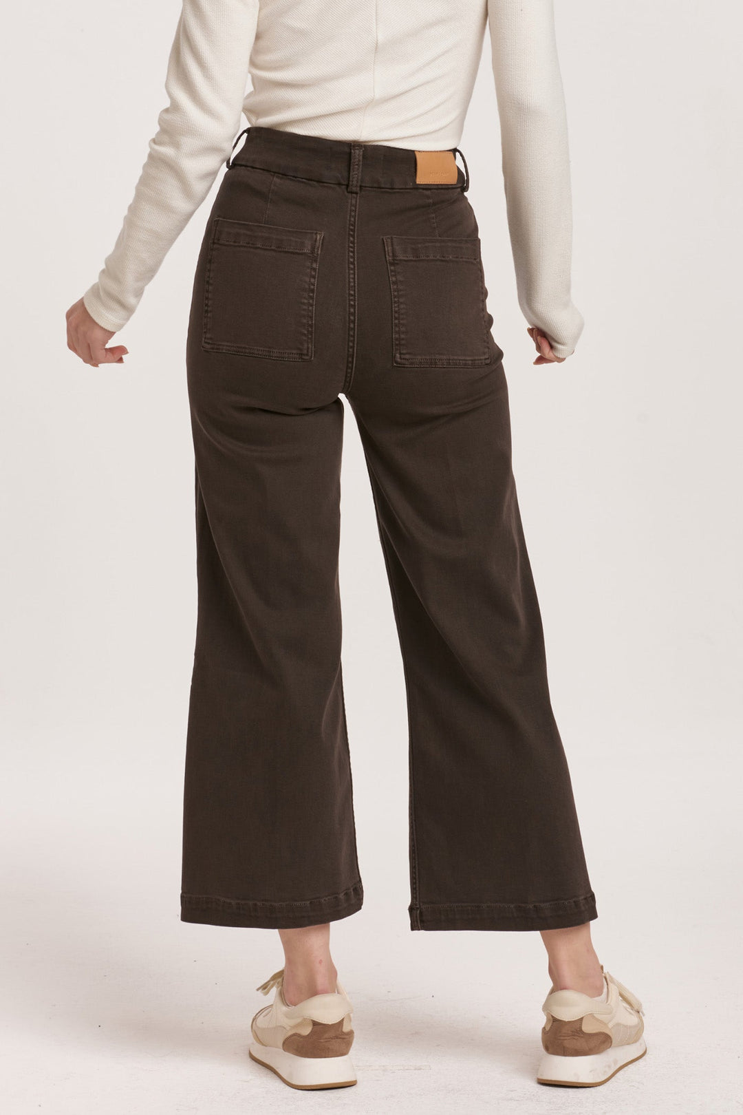 image of a female model wearing a AUDREY SUPER HIGH RISE CROPPED WIDE LEG COLOR JEANS GROUND COFFEE DEAR JOHN DENIM 