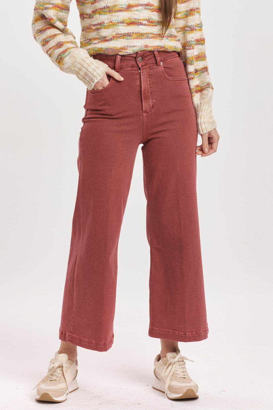 image of a female model wearing a AUDREY SUPER HIGH RISE CROPPED WIDE LEG COLOR JEANS INTENSE RUST DEAR JOHN DENIM 