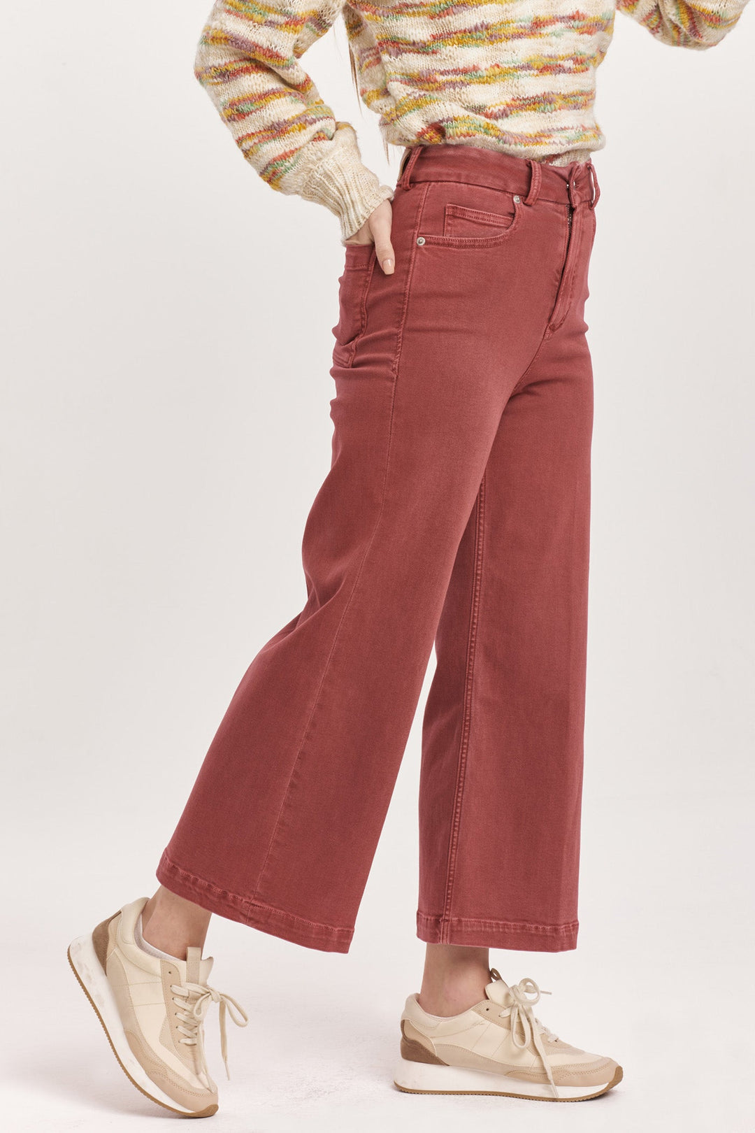 image of a female model wearing a AUDREY SUPER HIGH RISE CROPPED WIDE LEG COLOR JEANS INTENSE RUST DEAR JOHN DENIM 