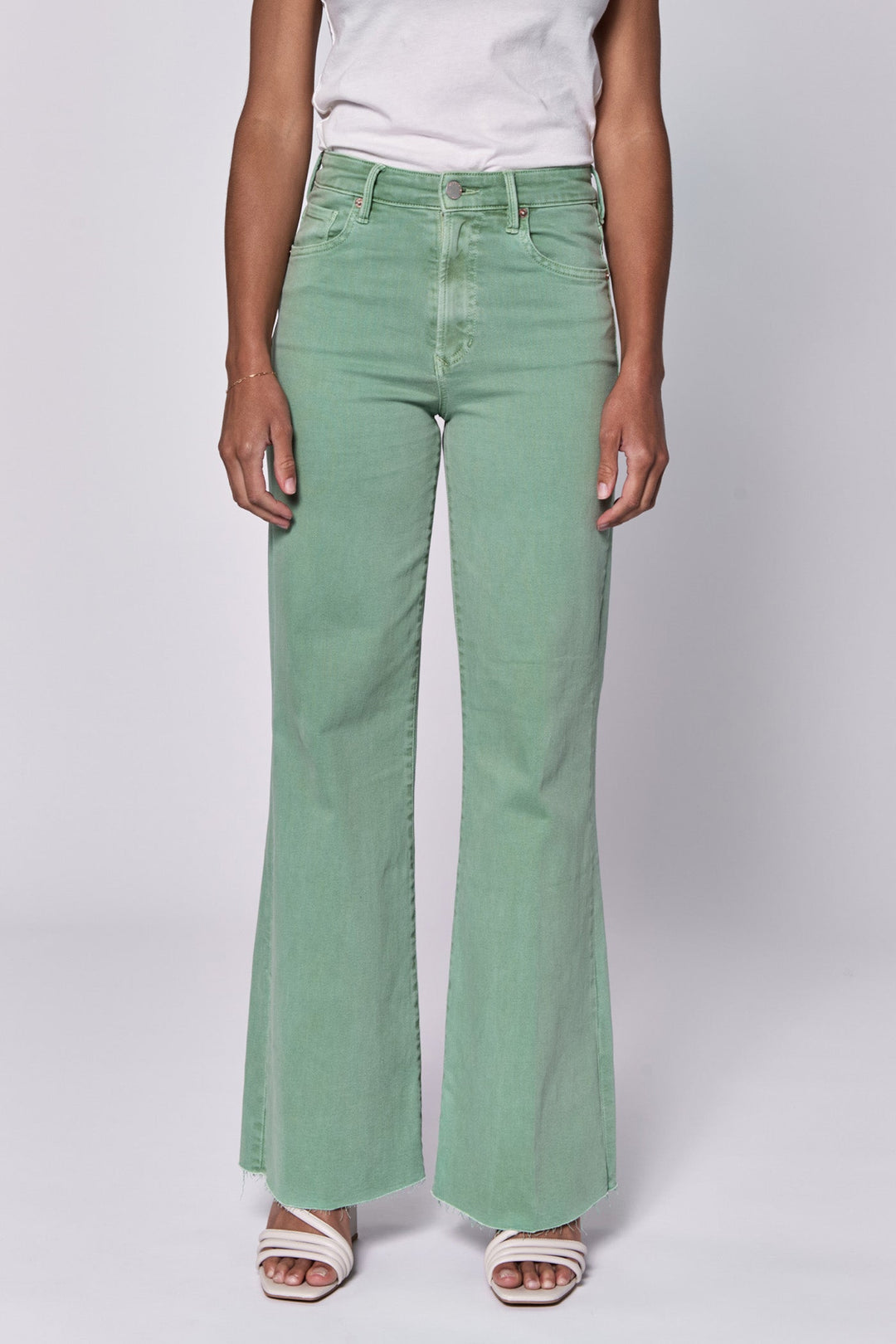 image of a female model wearing a FIONA HIGH RISE FULL INSEAM CUT OFF HEM JEANS ICEBERG GREEN DEAR JOHN DENIM 