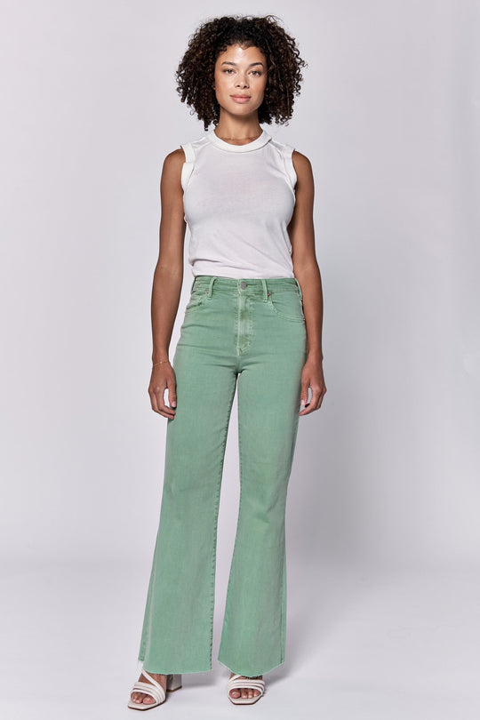 image of a female model wearing a FIONA HIGH RISE FULL INSEAM CUT OFF HEM JEANS ICEBERG GREEN DEAR JOHN DENIM 