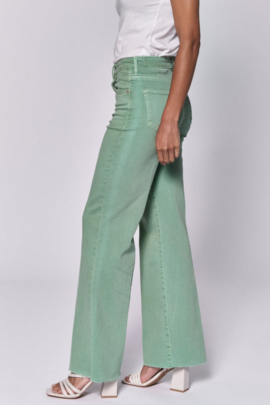 image of a female model wearing a FIONA HIGH RISE FULL INSEAM CUT OFF HEM JEANS ICEBERG GREEN DEAR JOHN DENIM 