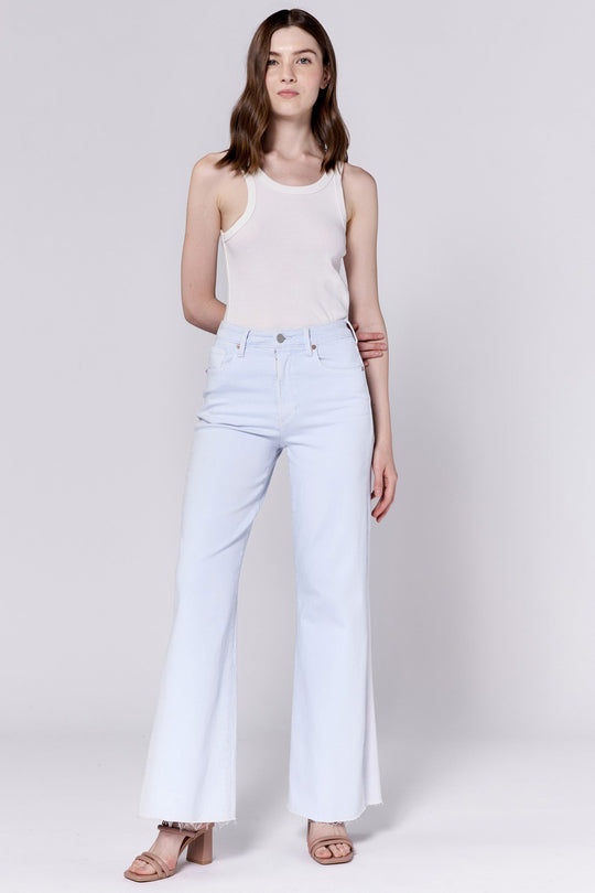 image of a female model wearing a FIONA HIGH RISE FULL INSEAM CUT OFF HEM JEANS SKYWAY DEAR JOHN DENIM 