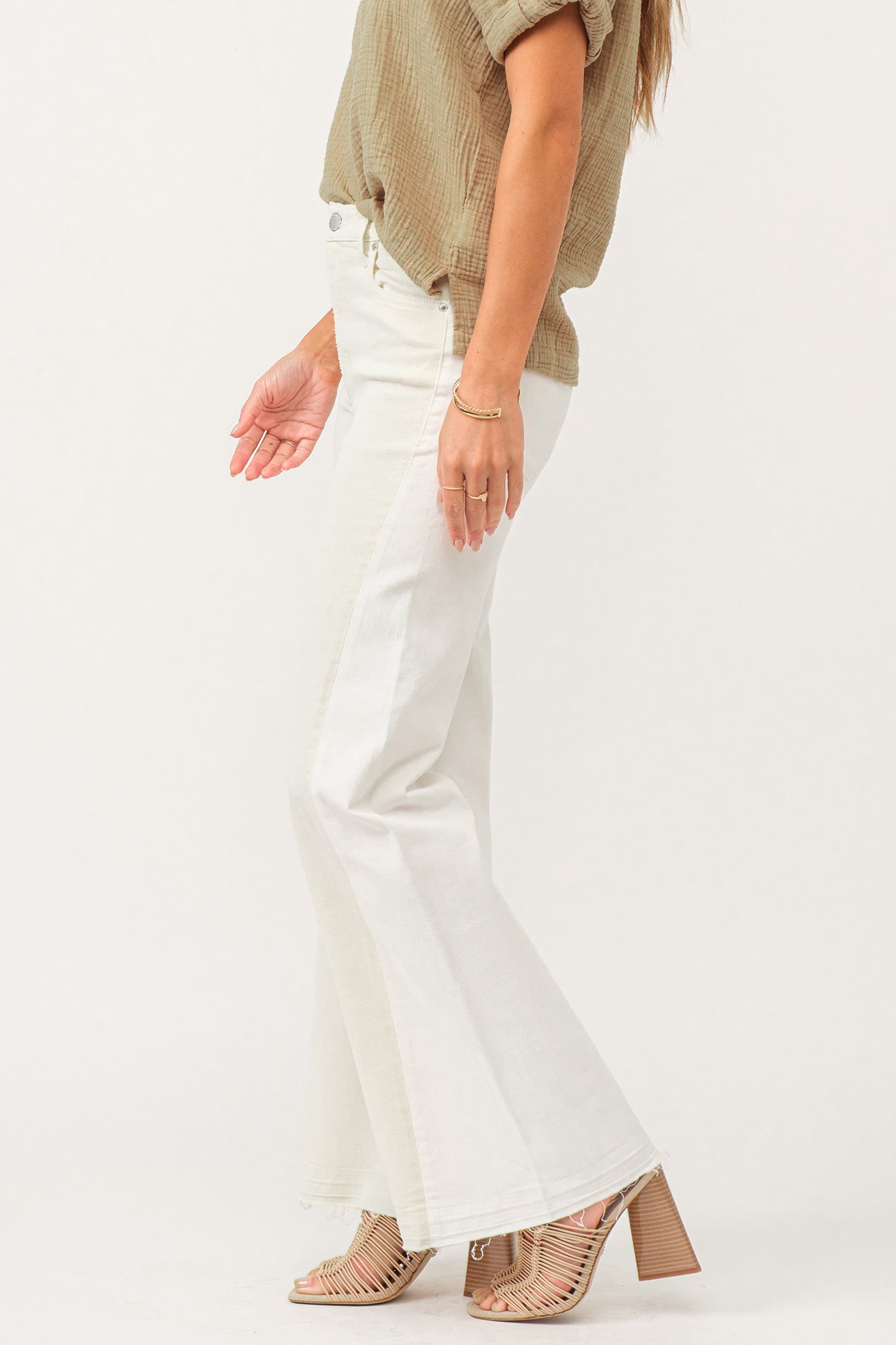 image of a female model wearing a FIONA SUPER HIGH RISE WIDE LEG JEANS WHEAT AND WHITE DEAR JOHN DENIM 