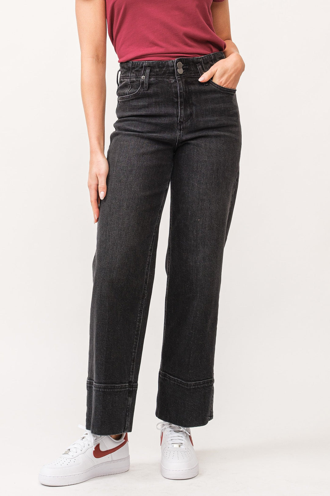 image of a female model wearing a HOLLY HIGH RISE CUFFED HEM STRAIGHT JEANS BLACK DEAR JOHN DENIM 