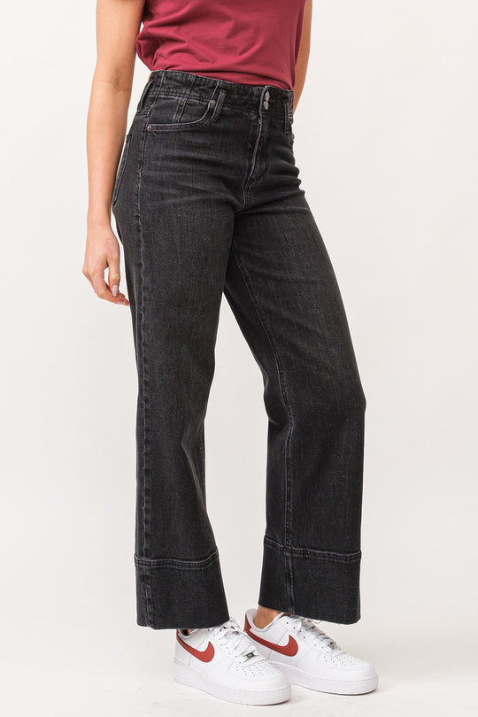 image of a female model wearing a HOLLY HIGH RISE CUFFED HEM STRAIGHT JEANS BLACK DEAR JOHN DENIM 