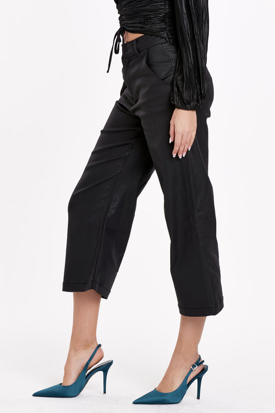 image of a female model wearing a AUDREY SUPER HIGH RISE CROPPED WIDE LEG PANTS BLACK COATED DEAR JOHN DENIM 