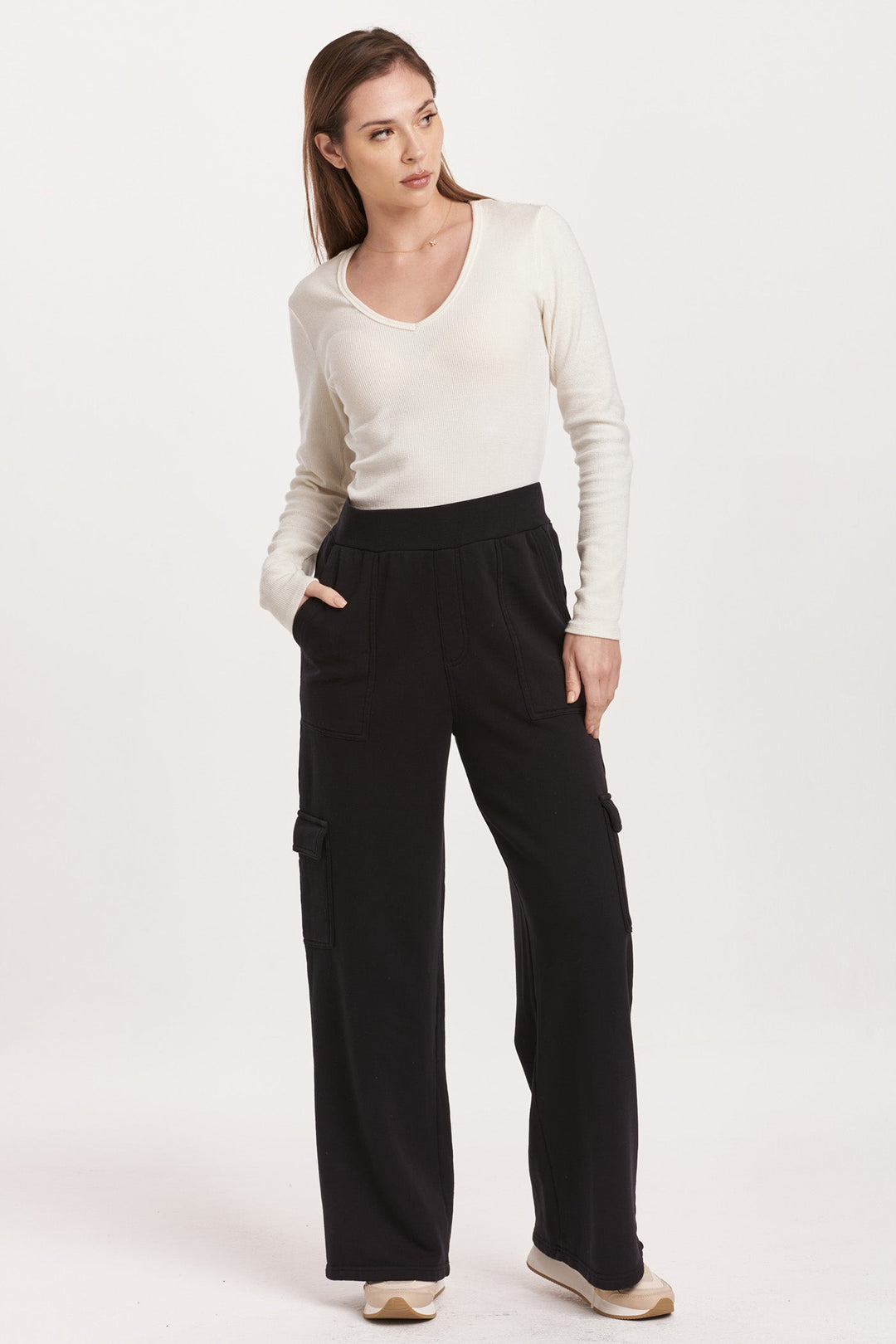 image of a female model wearing a BECCA HIGH RISE CARGO PANTS BLACK DEAR JOHN DENIM 