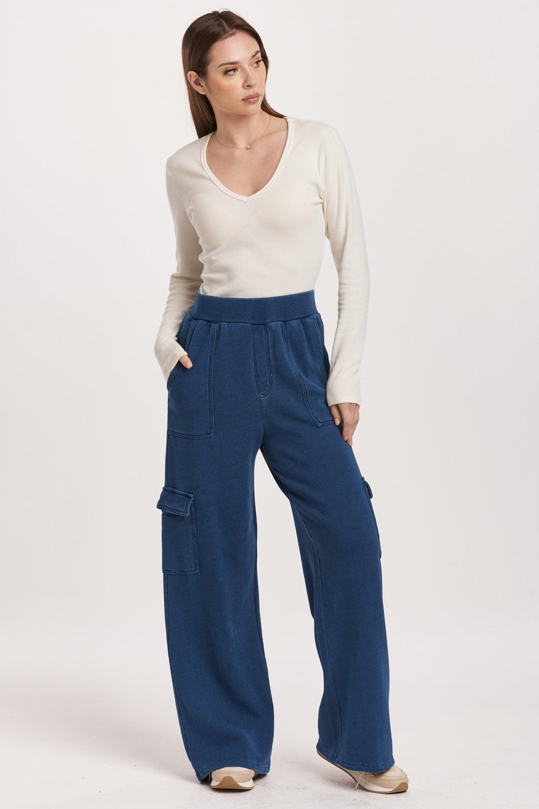 image of a female model wearing a BECCA HIGH RISE CARGO PANTS DARK INDIGO DEAR JOHN DENIM 