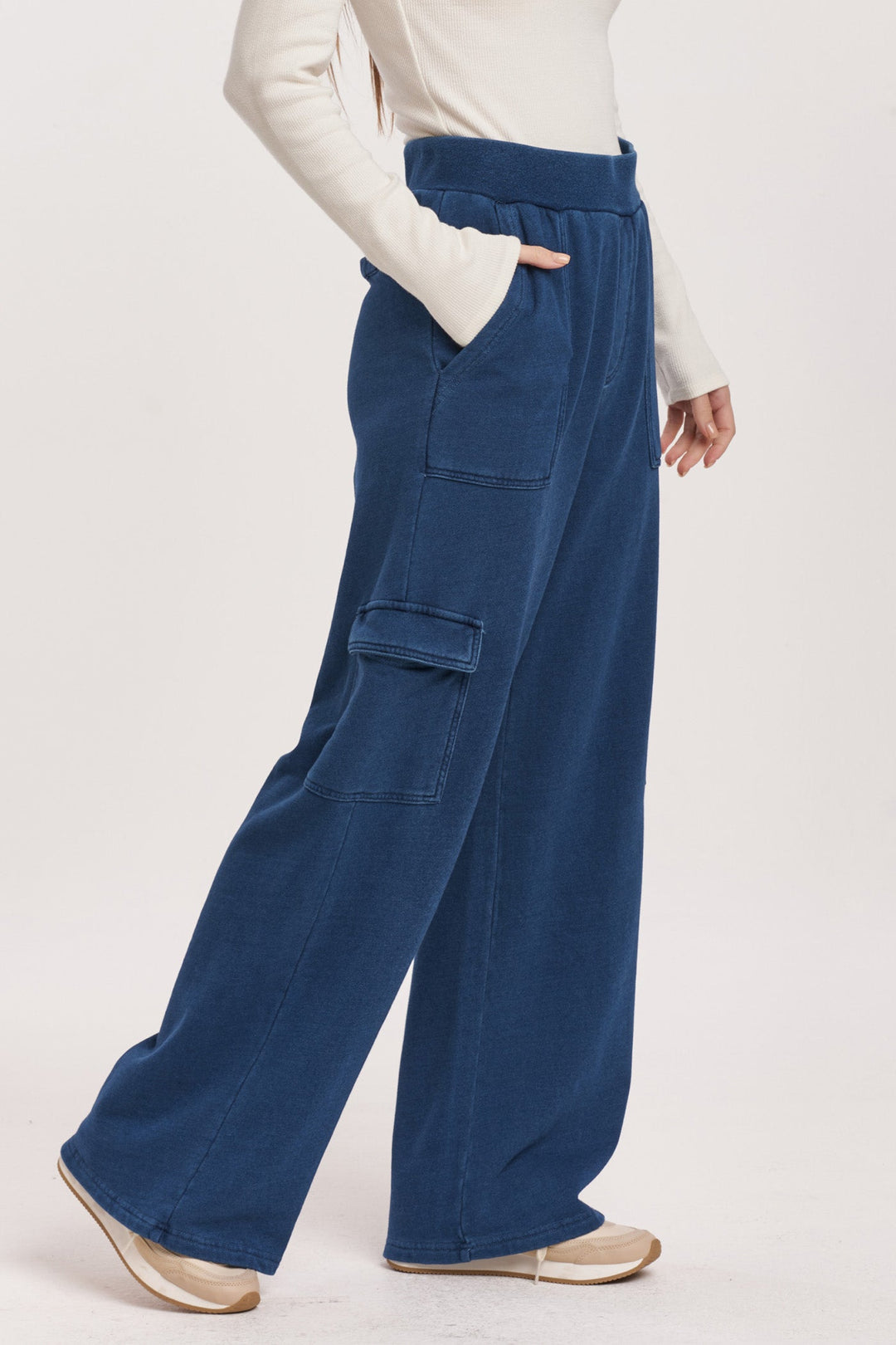 image of a female model wearing a BECCA HIGH RISE CARGO PANTS DARK INDIGO DEAR JOHN DENIM 