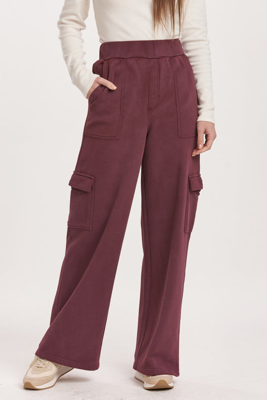 image of a female model wearing a BECCA HIGH RISE CARGO PANTS PLUM BERRY DEAR JOHN DENIM 