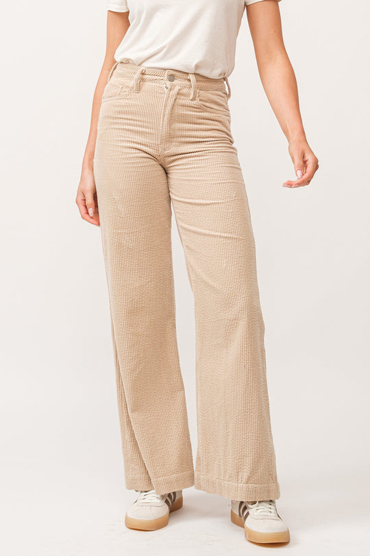 image of a female model wearing a FIONA HIGH RISE CLEAN HEM WIDE LEG PANTS FOAM CREAM CORDUROY DEAR JOHN DENIM 